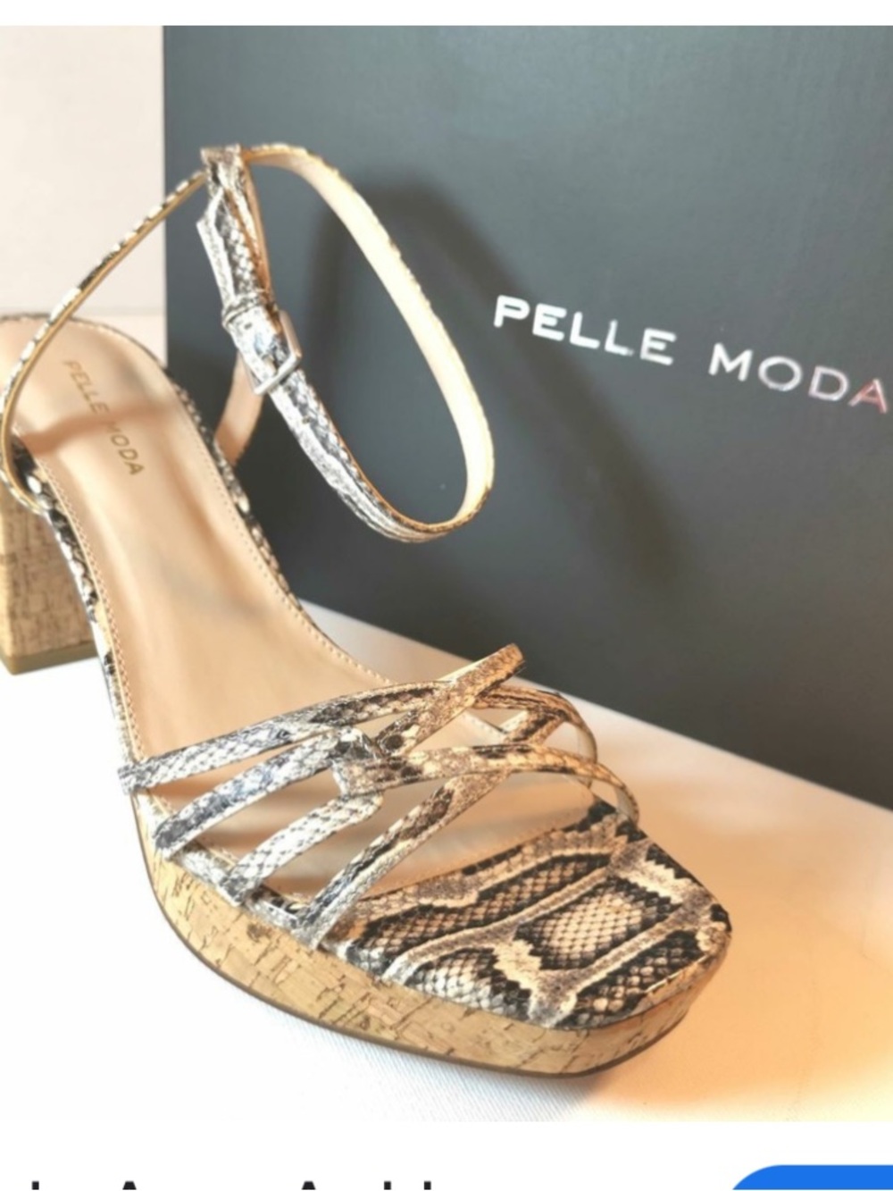 PELLE MODA Amy Ankle Strap Block 3.5 Heel Platform Leather Snake Skin Sandals